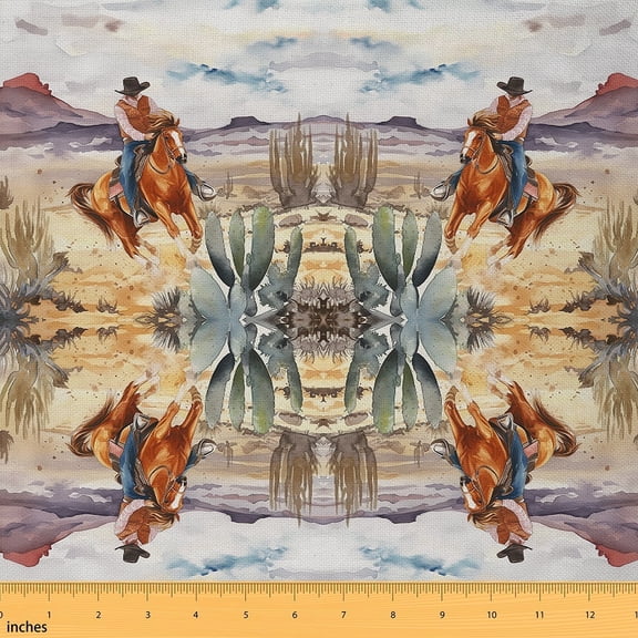 Western Cowboy Fabric by the Yard,Rustic Farmhouse Upholstery Fabric,Galloping Horse Decorative Fabric,American Wild West Desert Outdoor Fabric,Oil Painting Farm Cactus Waterproof Fabric,5 Yards