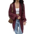 thumbnail image 2 of Long Sleeve Cable Knit Long Cardigan for Women Fall Winter Chunky Open Sweaters Wine Red XL, 2 of 8