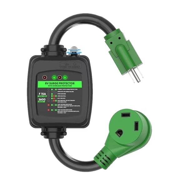 BALoFI  30A RV Surge Protector Adapter 2Ft NEMA 5-15P to TT-30R ETL Listed Green