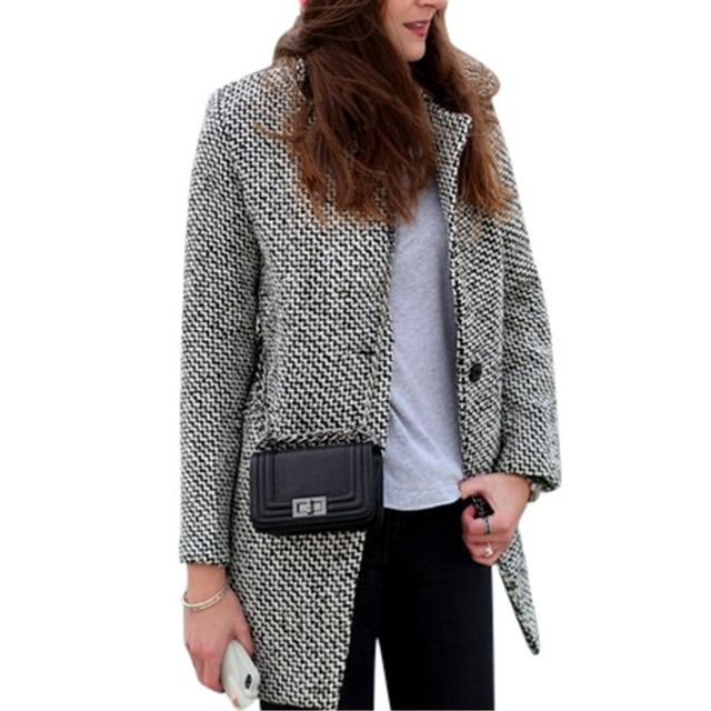 UKAP Ladies Coat Turn Down Collar Jacket Houndstooth Outwear With Pockets Winter Overcoat Gray XL