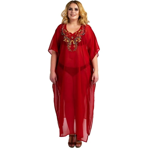 Miss Lavish London Women Ladies Hand Embroidered Caftans Beach Cover Ups Kimono Dress – Kaftan Style Maxi Dresses – 141 Red Color - Size UK 10 - 16