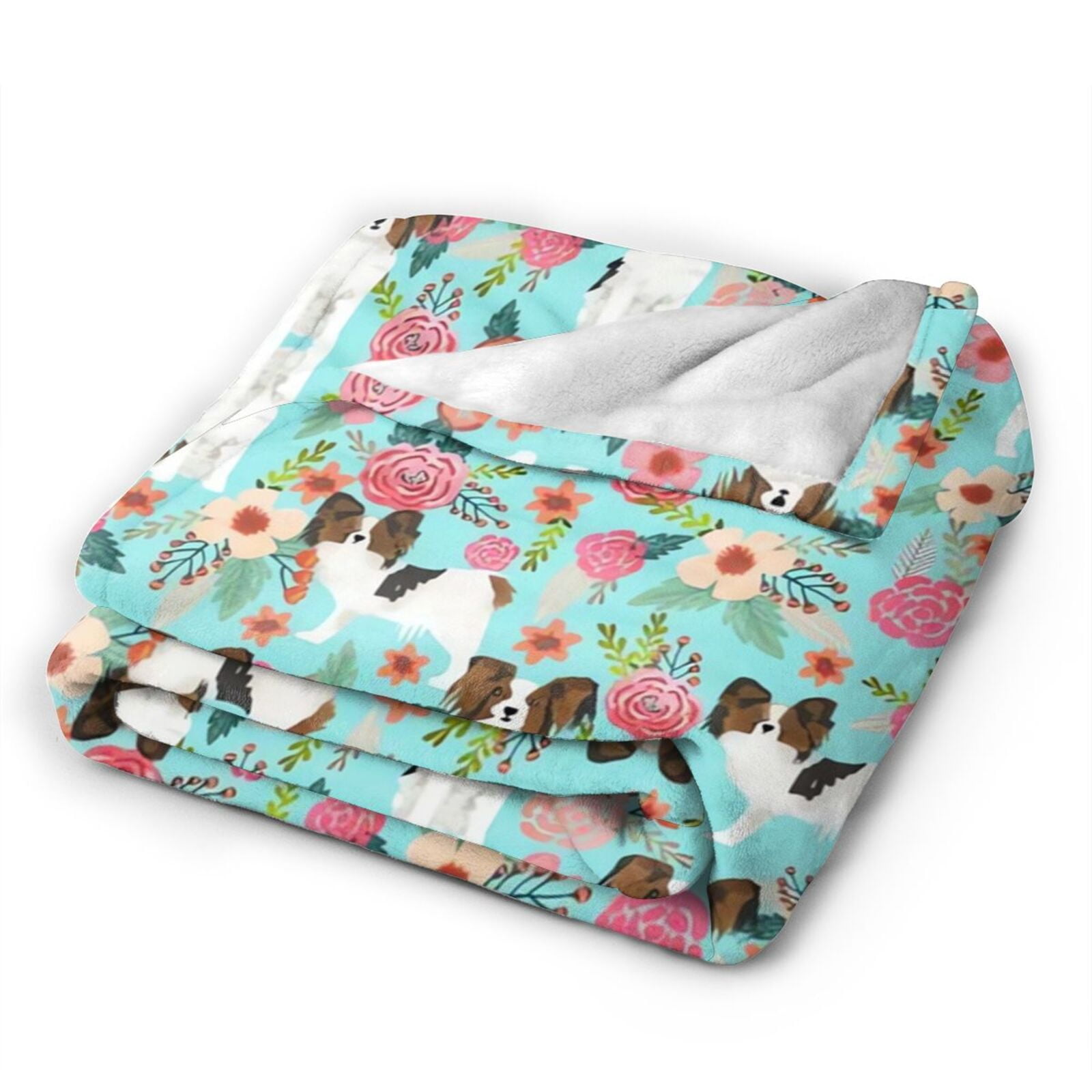 Wijzvio Papillon Dogs Lovers Flower Floral Throw Blanket Soft Fuzzy Fleece Blanket For Couch Bed Living Room Decoration 60"X50"