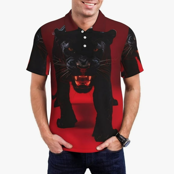 Xecao Black Panther Red Background Mens' Casual Short Sleeve Button-Down Polo Shirts for a Classic Golf Shirts-Small