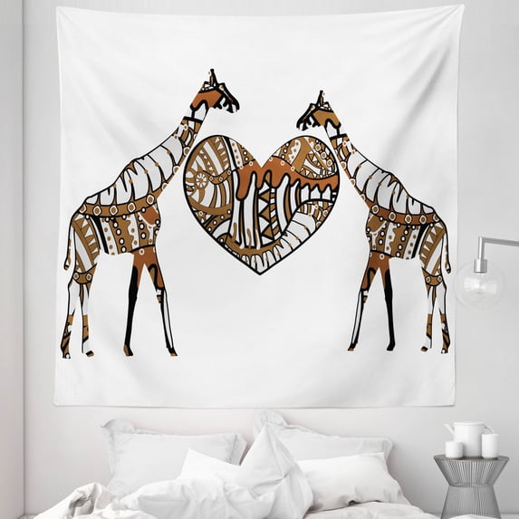 Giraffe Tapestry, Soul Mate Giraffes Illustration with a Giant Heart Love in Nature Bohemian Print, Fabric Wall Hanging Decor for Bedroom Living Room Dorm, 5 Sizes, Brown White, by Ambesonne