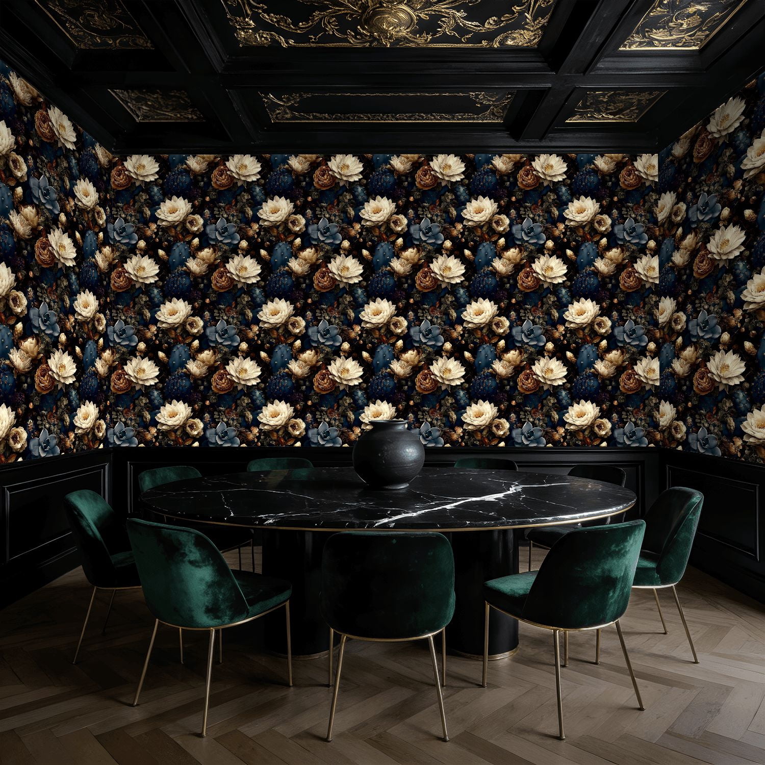 Peel and Stick Wallpaper Vintage Floral Design White Lotus Roses Cactus Dark Wall Mural 17.7in x 9.8ft Self Adhesive Removable Wall Paper Renter Friendly Wallpaper for Nursery Bedroom Cabinets