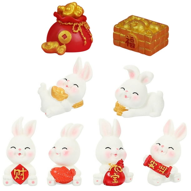 8 adornos de conejo de resina para escritorio, figuritas de conejo, bolsa de la suerte, cesta de frutas.