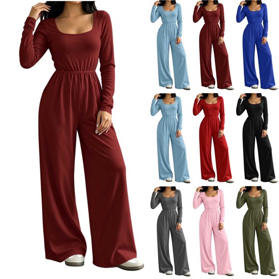 Diufon Long Sleeve Jumpsuits for Women Back Zipper Elastic Waist Square Neck Wide Leg Overalls Going Out Fall Outfit