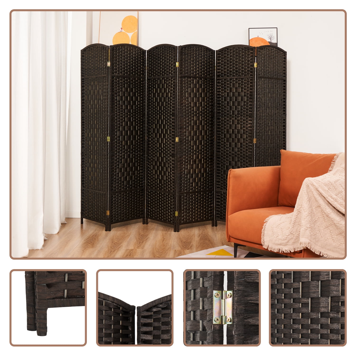 Buy 5.7ft Wood Fiber Woven Room Divider 6 Panels, Foldable Mobile Black
