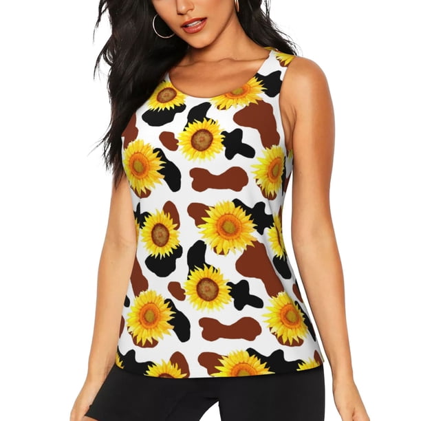 Fotbe Sunflower Cow Blusas Sin Mangas para Mujer – Estilo Casual, Corte Suelto, Slim-Fit, Cuello Redondo Deportivo, Tops de Verano para Gimnasio y Yoga-Large
