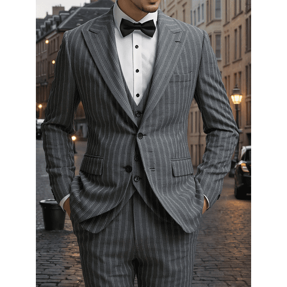 Beauty-Emily Men’s 3-Piece Suit Set – Vertical Striped Blazer, Vest & Pants, Classic Two-Button Design for Wedding, Business, Party, or Formal Events