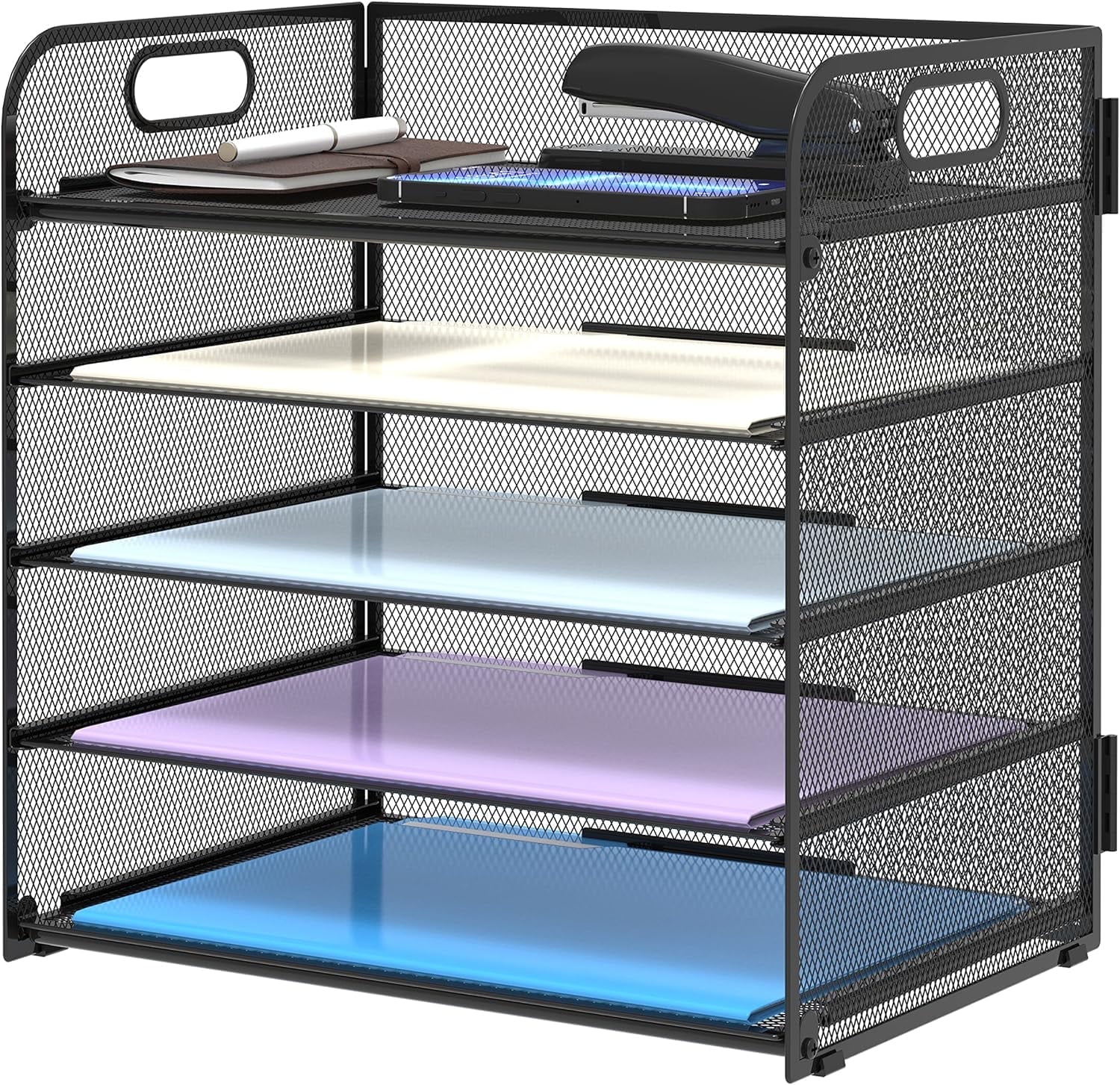 INTIGE 5 Trays Paper Organizer with Handle - Mesh Desk File/Letter Organizer,Black Paper Sorter for Office, Home