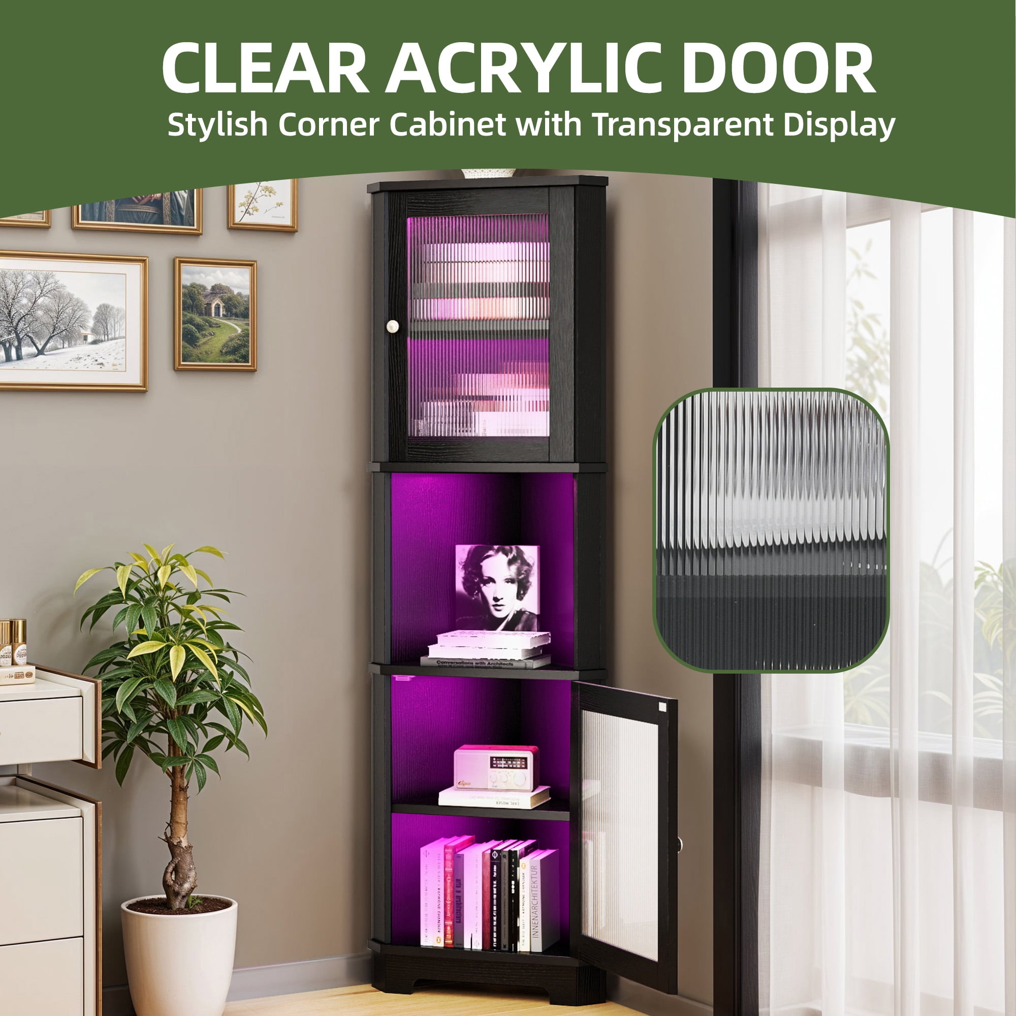 Uforic 67"Tall Corner Storage Cabinet with Door & LED Light, 5 Tier Corner Bookcase Cabinet, Black
