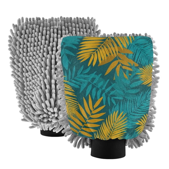 Microfiber Car Wash Gloves With Chenille & Polyester Terry Scratch-Free Cleaning Elastic Cuffs Tropical Leaves