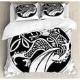thumbnail image 1 of Celtic King Size Duvet Cover Set, Astronomical Druidic Symbol of a Mythical Dragon in Round Shape Form Background, Decorative 3 Piece Bedding Set with 2 Pillow Shams, Black and White, by Ambesonne, 1 of 3