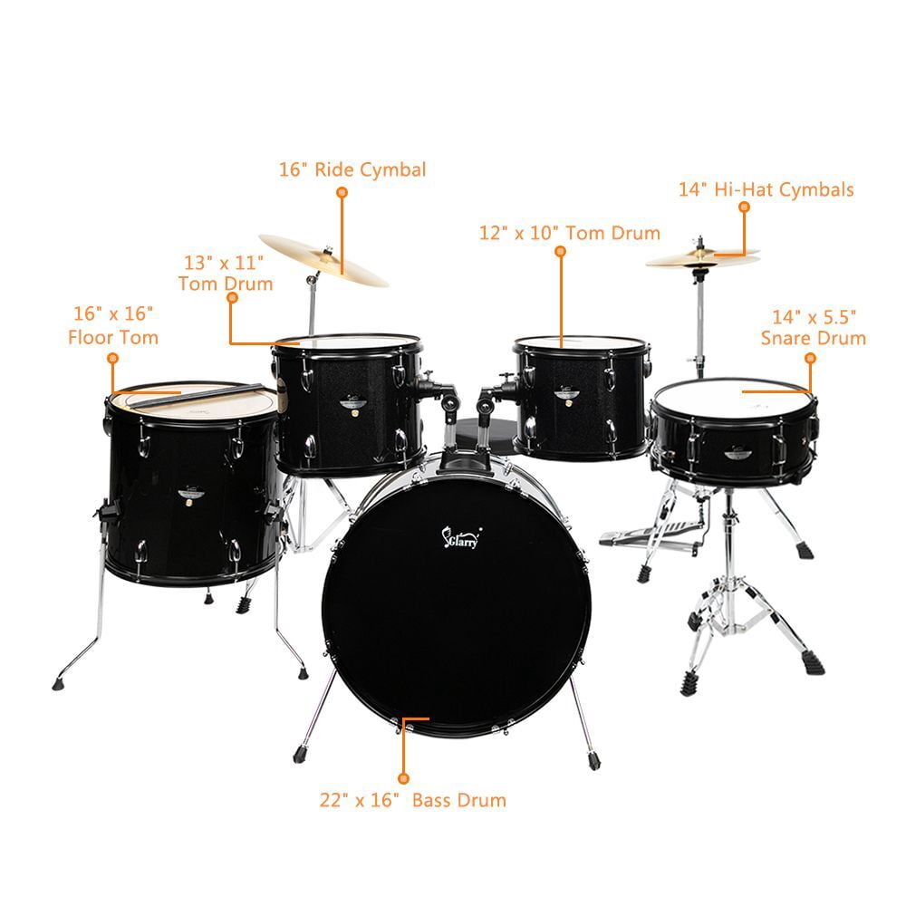 5-Piece Full Size Adult Drum Set with Bass Drum/Tom Drum/Snare Drum/Floor Tom/Ride Cymbal - Complete Professional Percussion Kit with Stainless Steel Hardware and Height Adjustable Stool - Black