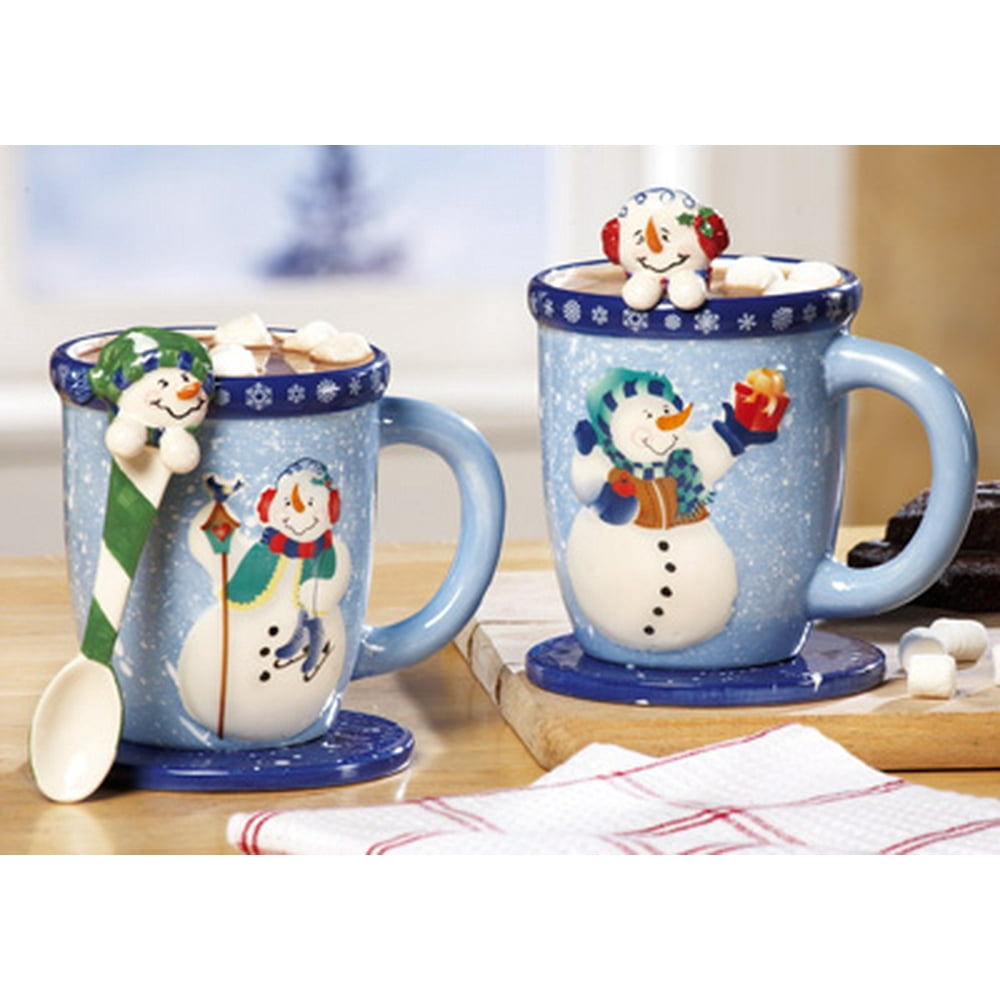 6 Pc Winter Holiday Snowman Mugs Set Spoon & Coasters Hot