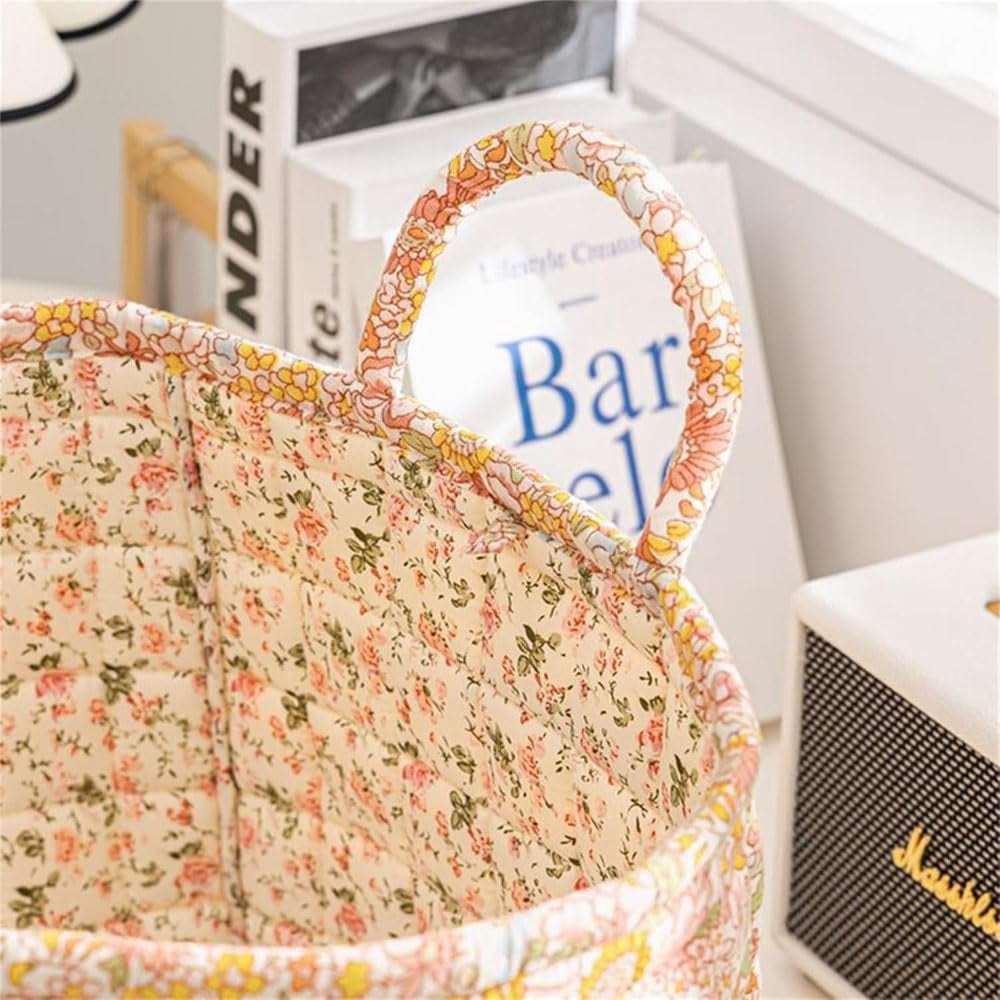 Eagerlyous/Eagerlyus Boho Fabric Storage Basket, Boho Laundry Basket with Handle, Large Capacity Tote Bag with Front Pocket, Foldable Square-Shaped Floral Storage Basket Home Organizatio