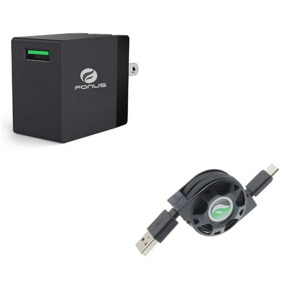 18W Fast Home Charger w Retractable USB Cable A6N for Acer Liquid Jade Primo - Alcatel PulseMix, 7, Idol 5S 5 4S - ASUS Zenfone V Live, ROG Phone, AR 6 5z 4 Pro - Blackberry Motion, Key2