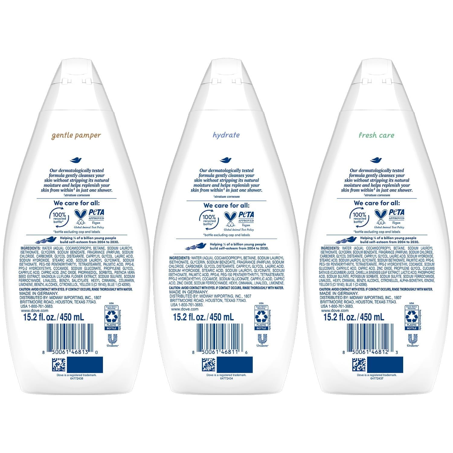 Dove Body Wash Variety OIF8&nbsp;- Hydrate, Gentle Pamper, Fresh Care, and Silky Velvet, 15.22 Oz Ea