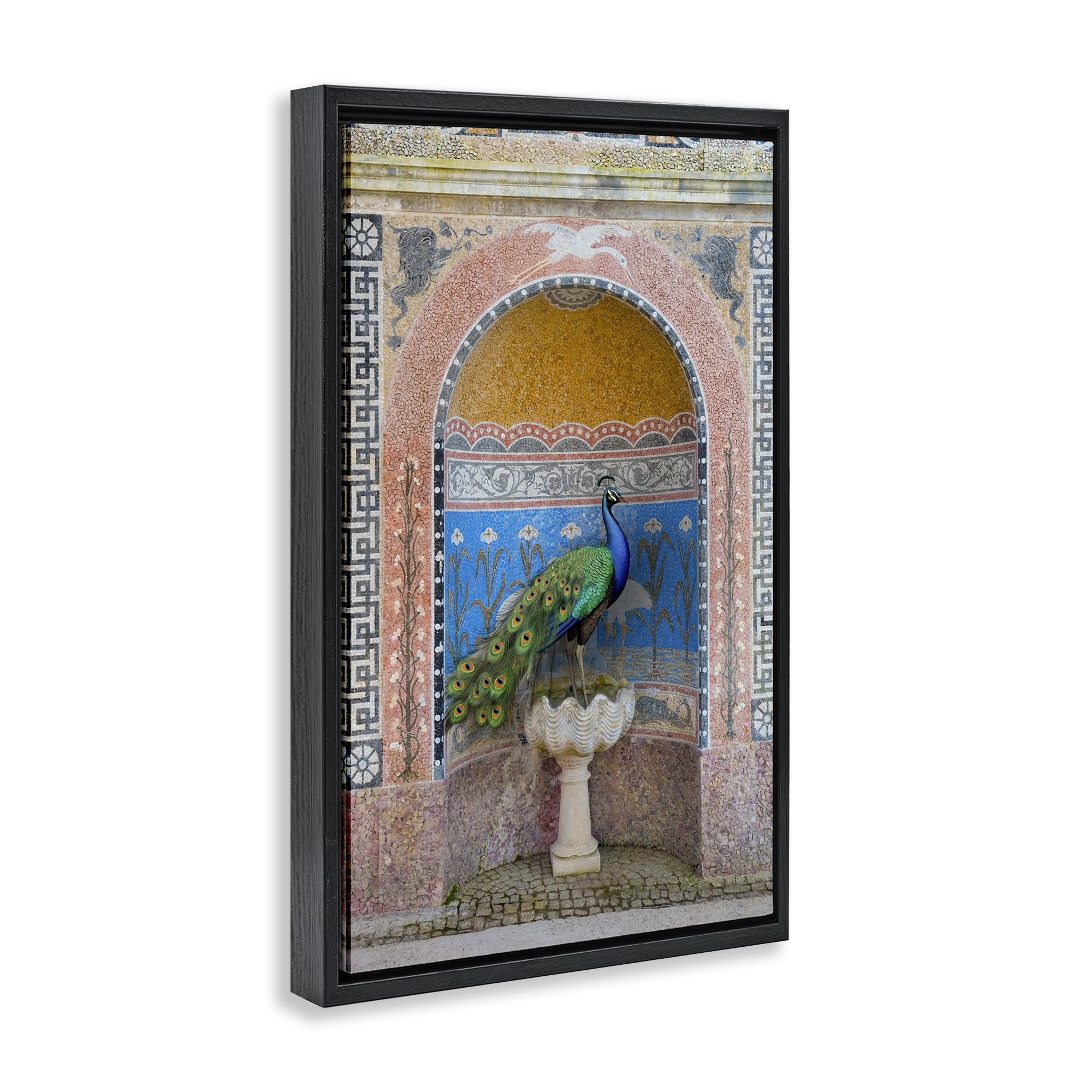 Stupell Industries Peacock with Traditional Architecture Novelty Painting Black Floater Framed Canvas Art Print Wall Art, 21 x 31