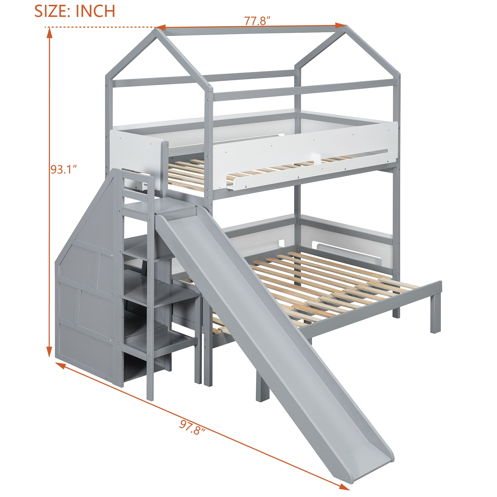 Mintazer Kids Twin Over Full Bunk Bed House-Shaped Bed Frame with Slide & Storage Staircase for Children Bedroom, Gray