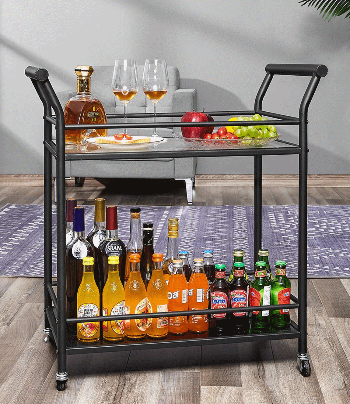 Kealive Glass Bar Cart 2Tier Kitchen Island Utility Cart Kitchen