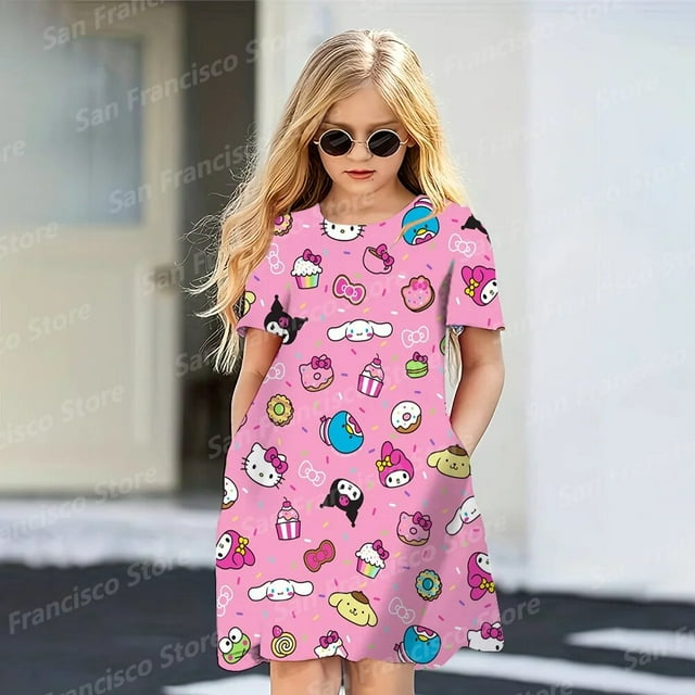 Hello Kitty Robe d'Été Rose et Blanche - Motif Dessin Animé Robe de Soirée à Manches Courtes - Robe Décontractée Enfant/adulte