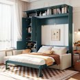 thumbnail image 3 of Queen Horizontal Murphy Bed with Sofa and Storage Shelves, Solid Wood Space Saving Hideaway Murphy Wall Bed with Couch and Storage for Adults, Green, 3 of 9
