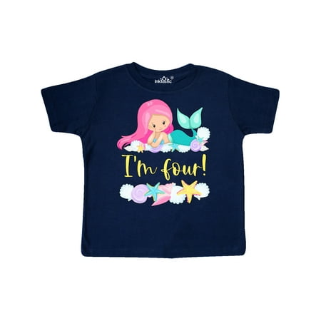 

Inktastic I m 4 Mermaid with Pink Hair and Shells Gift Toddler Boy or Toddler Girl T-Shirt