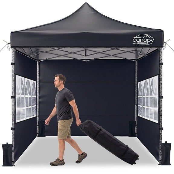 10x10 Pop Up Canopy Tent with 3-Sided Sidewalls, UPF 50 Waterproof Silver-Coated Top, Heavy Duty Steel Frame Outdoor Gazebo with Adjustable Height, 1 Sidewall with Windows, Carry Bag for Camping