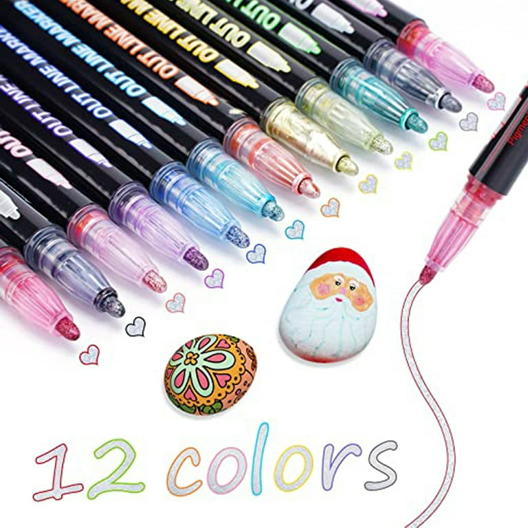 QingY-Outline Pens 12 Bright Colours Glitter Pen Waterproof Pen Gift for  Christmas Cards Guest Book Greeting Cards