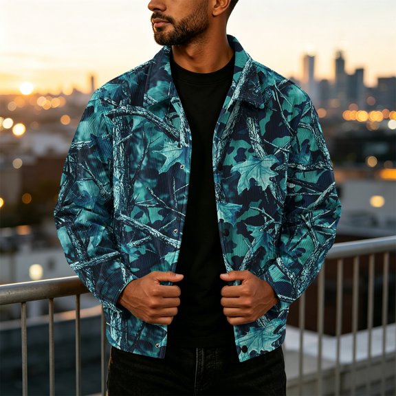 GrmtClth Retro Mens Leaf Camo Comfort Fit Trucker Jacket Long Sleeve Snap Closure Loose Silhouette Fall Weekend Trip Outerwear Green M