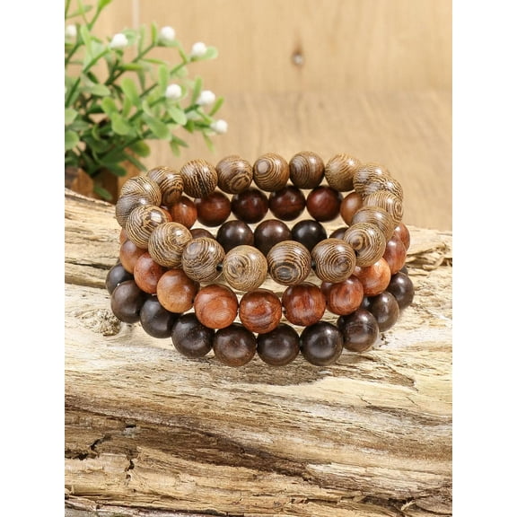 QQTDFG 3pcs Vintage Style Multi-color Wooden Beaded Elastic Stretch Bracelet Set For-default