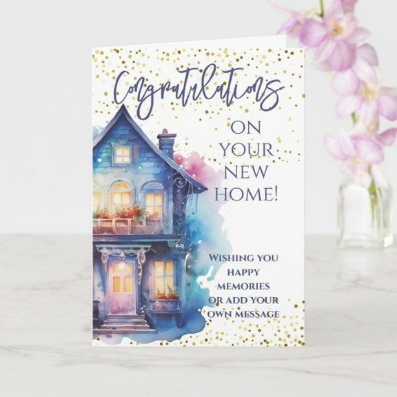 Congratulations Card for New Home – Beautiful Watercolor House Design with Gold Accents – Perfect for Housewarming Wishes, Personalized Messages Included