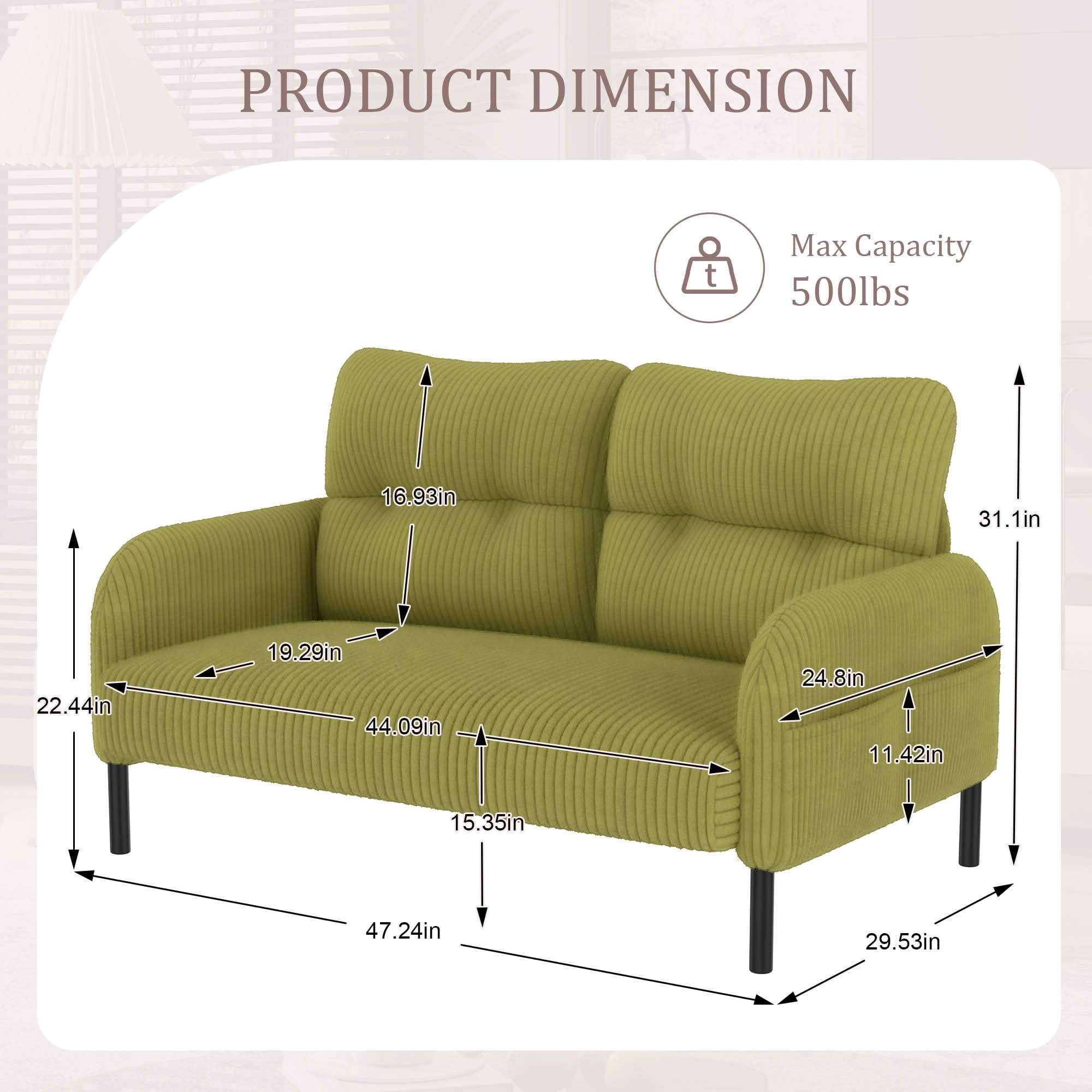 MAYEERTY Corduroy 2-Seater Loveseat, Modern Monochrome Double Sofa with Side Storage Pockets & Sturdy Wood Frame for Home Office