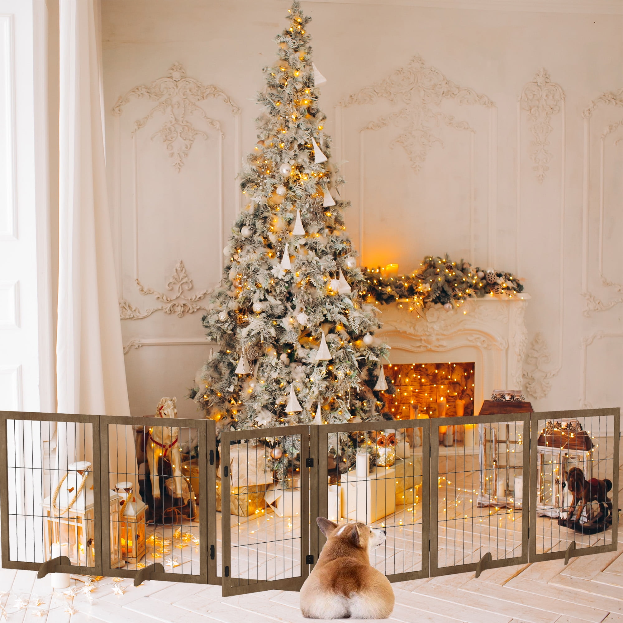 Dog Gate 144" Wide 32" Tall with Door Walk Through 6 Panels Reinforced Foldable Wood Pet Puppy Gate Door Safety Fence Barrier for House Doorway Stairs Dog Cage Playpen