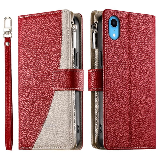Funda cartera GANGXUN para iPhone XR , cuero PU con tarjetero, cremallera, correa de mano, soporte y protección 995°