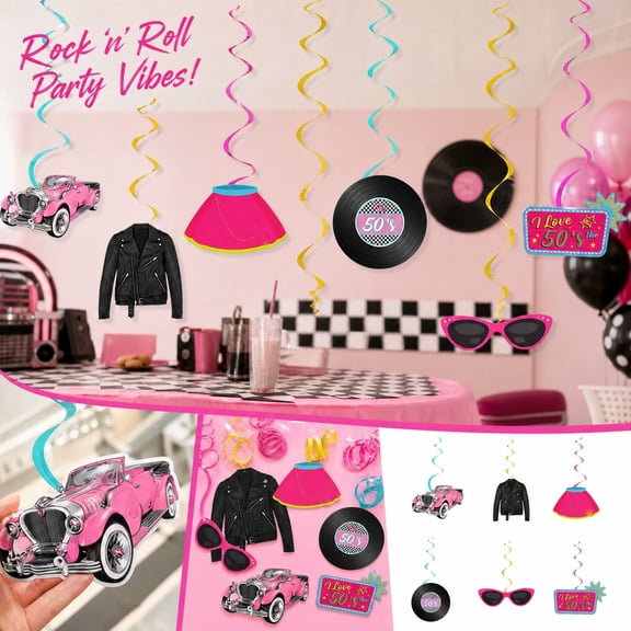 6 Pack Rock and Roll Party Decorations, 50S Retro Themed Ceiling Hanging Ornaments with Studs and Polka Dots, Rockabilly Decorative Hanging Ornaments for Christmas, Halloween, New