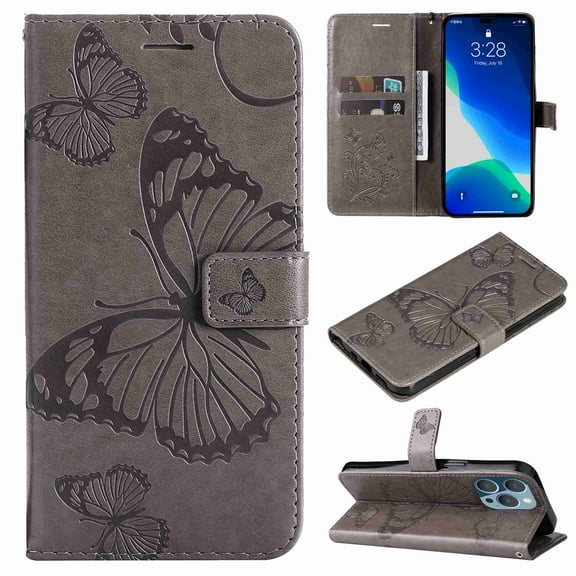 Nalacover For iPhone 14 Pro Magnetic Wallet Case,Luxury Embossed Butterfly PU Leather Flip Kickstand Card Slot Shockproof Protective Cover with Wrist Strap.For iPhone 14 Pro,Gray