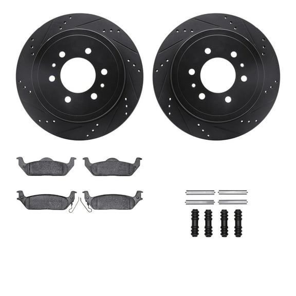 Dynamic Friction Company Rear Brake Rotors-Drilled and Slotted-Black with Ultimate Duty Performance Brake Pads includes Hardware 8412-54075