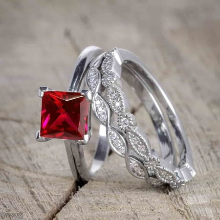 Square Cut Ruby Beautiful 1.5 Carat Princess Cut Real Ruby and Diamond Wedding Trio Ring Set with Engagement Ring and 2 Wedding Bands in 18k Gold Over Sterling Silver ()