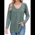 thumbnail image 3 of Camisetas de Larga para Mujer, Cuello en V, Suaves, Básicas, Holgadas, Informales, Moda de Otoño. Verde S, 3 of 10