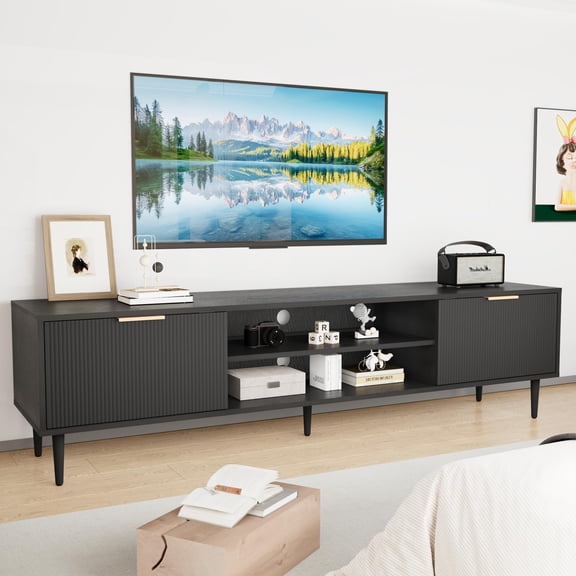 Black TV Stands for Living Room, for 75 Inch TVs, Rustic TV Console with Fluted Panel Design, Entertainment Center with 2 Large Storage Cabinets, Adjustable Hinges, Wood TVs Stand, for Bedroom