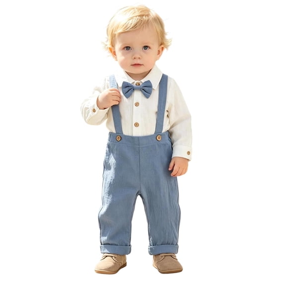 Tiijoy Newborn Boys Outfits Long Sleeve Button Up Romper Suspenders Pants Set, Sizes 9-12M