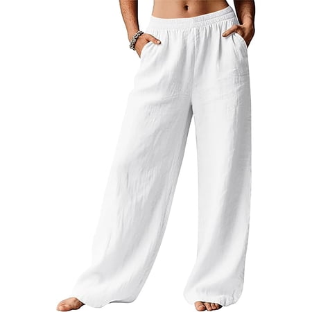 Women s Cotton Linen Pants Solid Color Straight Leg Casual Trousers High Waist Comfortable and Breathable Flowy Pants for Women Loose Fit Everyday Long Pants White S