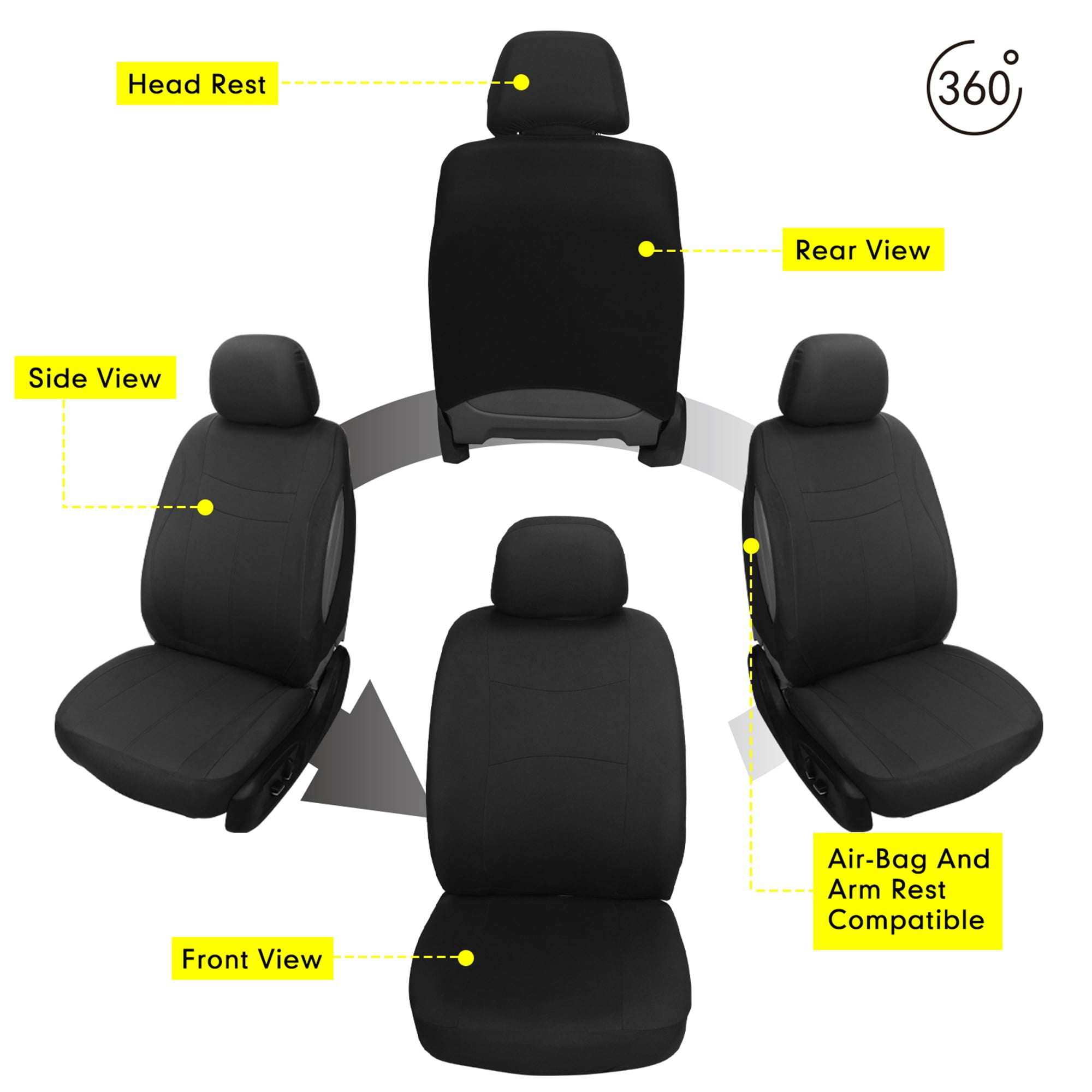 Universal Front Car Seat Covers for 2 Seats, Full Protection Black Auto Seat Protector Set, Compatible with Cars SUVs Trucks, Anti-Wear, All-Season Interior Upgrade
