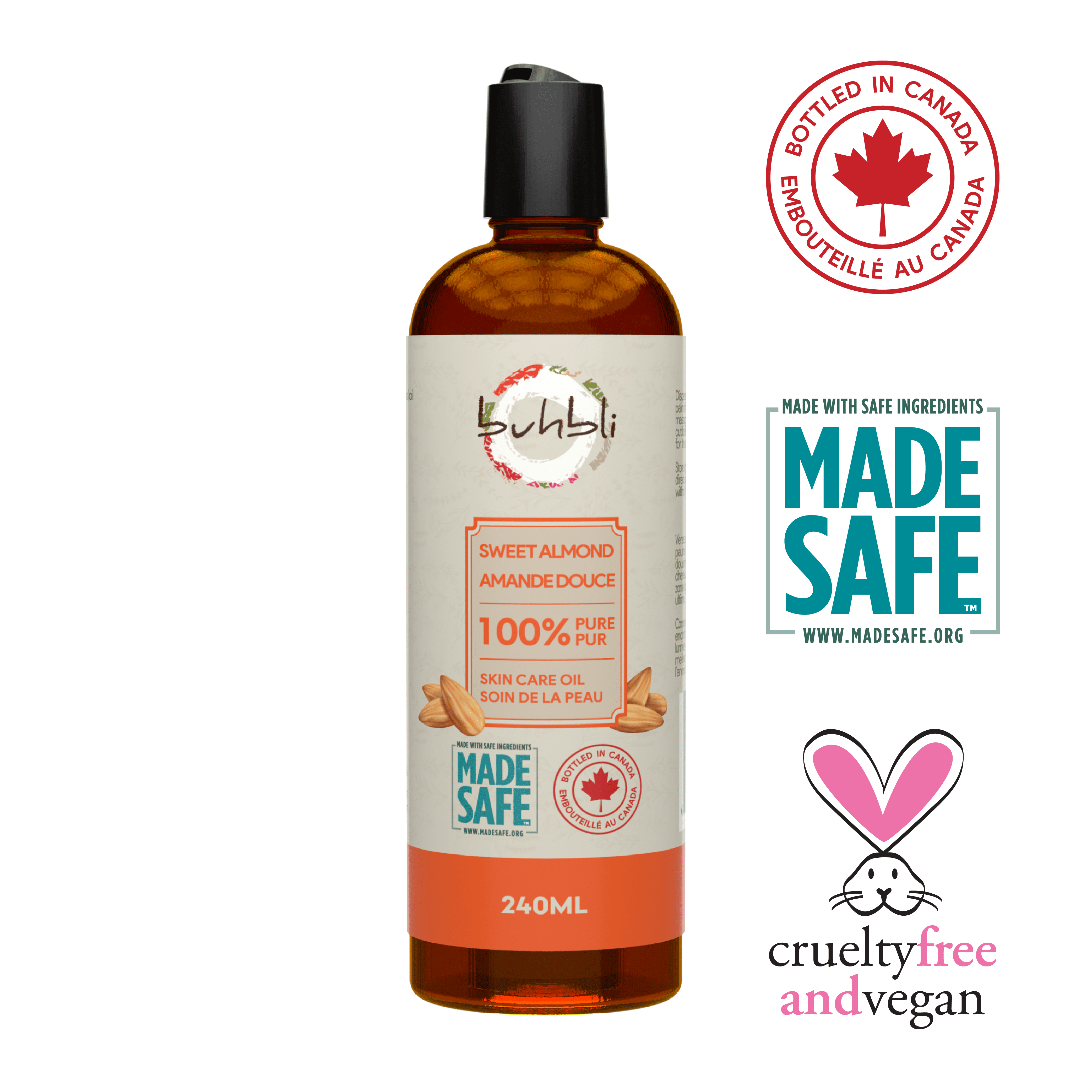 Buhbli Brands Sweet Almond Oil 240ml - 100% Pure & Natural, Bottled in Canada