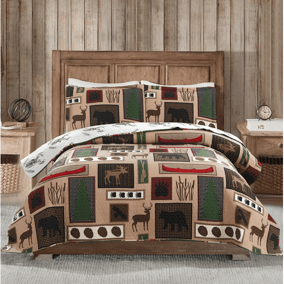 Green Essen Rustic Quilt Sets Queen/Full Size Moose Bear Bedding Reversible Microfiber Bedspread Plaid Coverlet Cabin Decor, 1 Quilt & 2 Pillow Shams