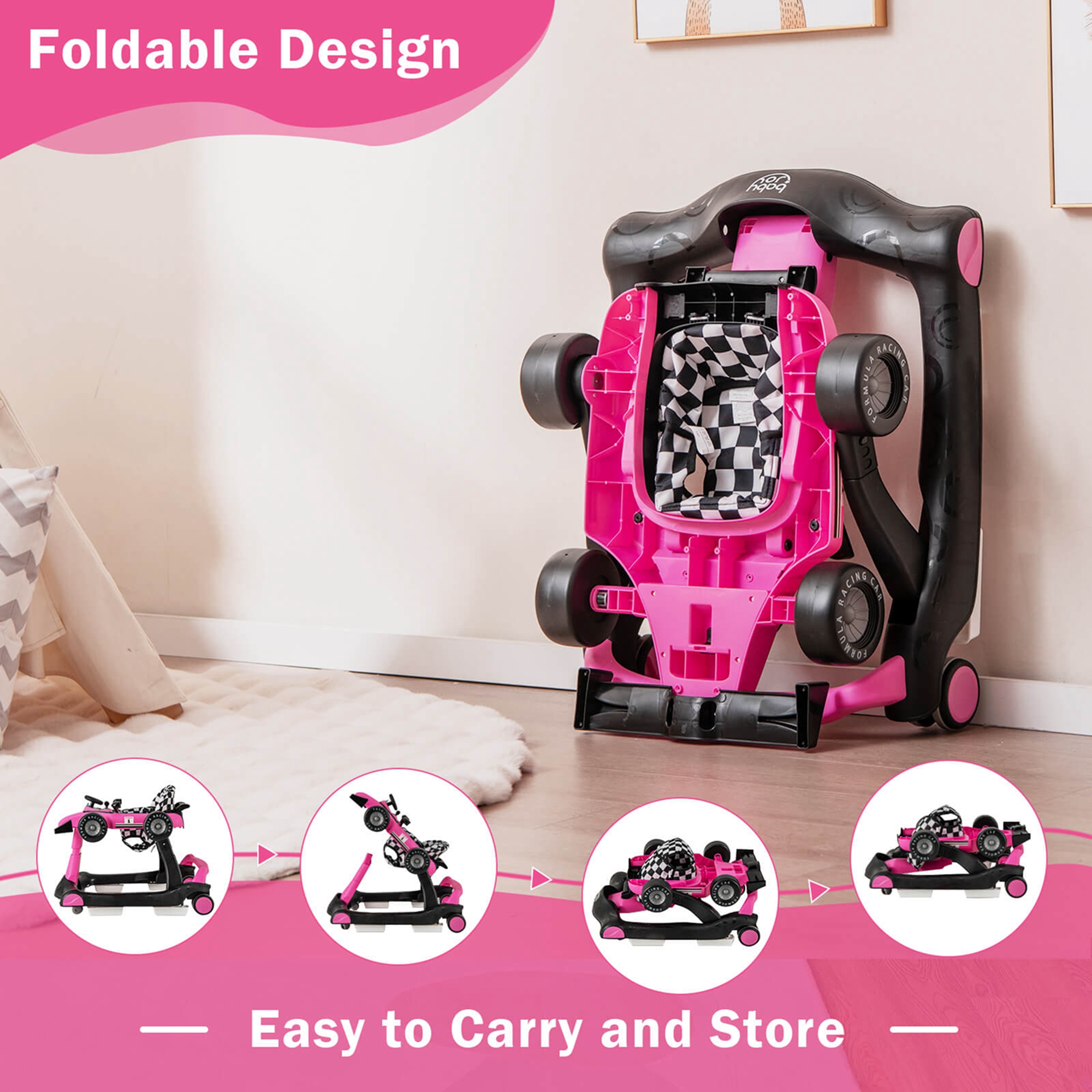 Costway 4-in-1 Baby Walker Foldable Activity Walker with Adjustable Height & Speed Deep 6-18 Months Pink