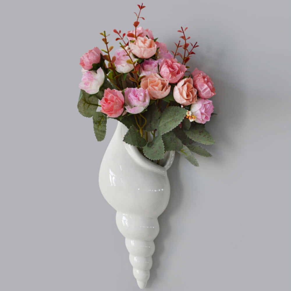 Cabilock Wall Flower Vase Ceramic Sea Shell Conch Flower Vase Nautical Mediterranean Style Wall Hanging Decor with Flowers for Home Living Room Bedroom 